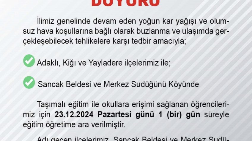 Bingöl’ün üç ilçesinde taşımalı eğitime 1 gün ara verildi