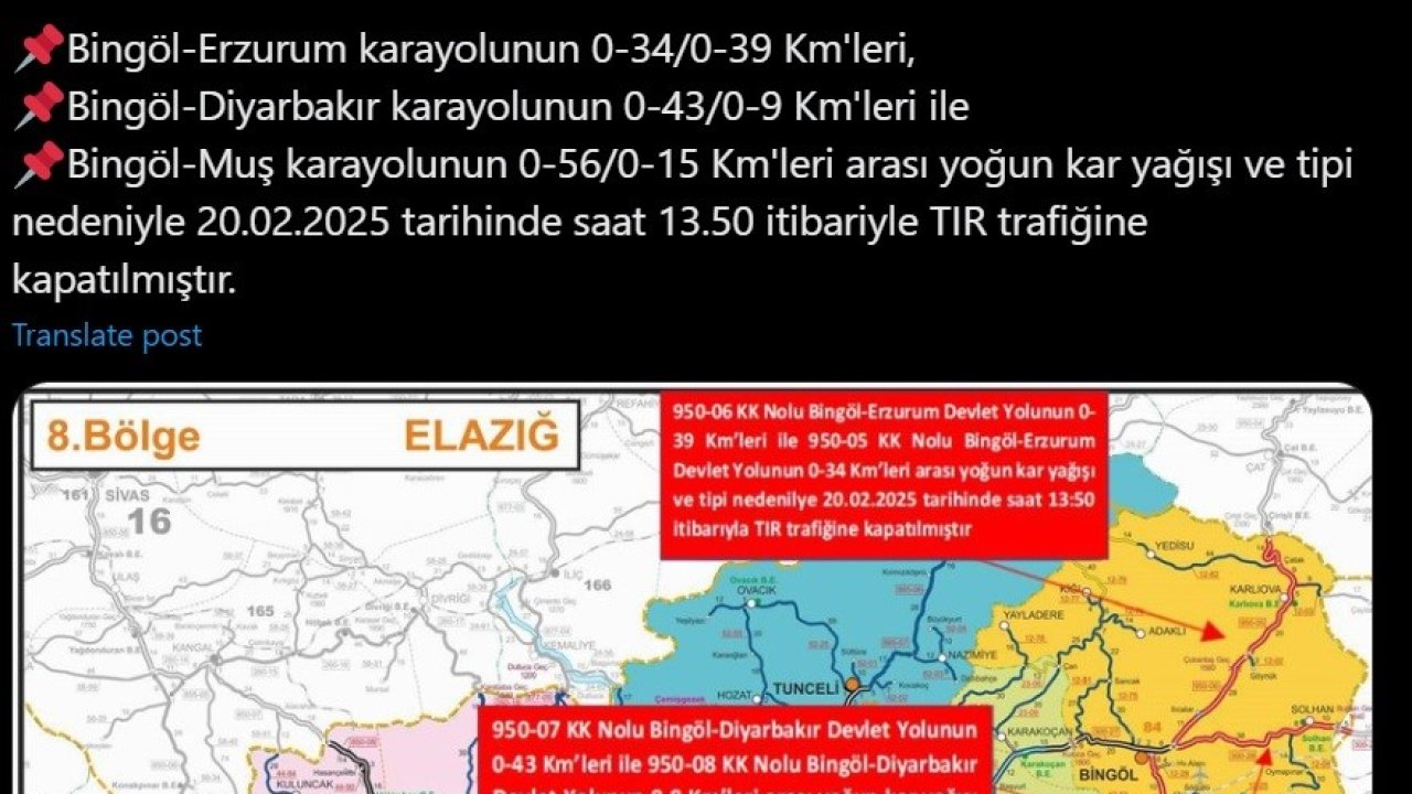 Bingöl’de kar ve soğuk hava etkisini artırdı: Tır trafiğine kısıtlama getirildi