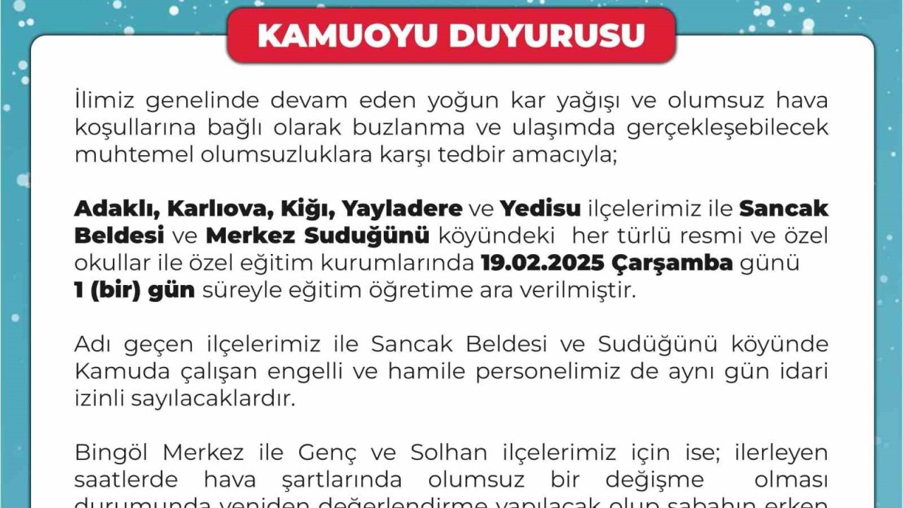Bingöl’de okullara kar tatili